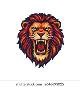 Roaring lion head in cartoon style. Vibrant red and yellow vector design, ideal for mascots, logos, tattoo art, team emblems, or aggressive branding elements. Part of set.