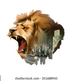 Roaring lion head, double exposure vector illustration