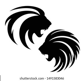 roaring lion head with long mane - simple black and white animal profile vector portrait