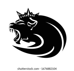 roaring lion head with long mane and royal crown - king animal black and white vector outline