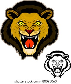 Roaring Lion Head Mascot/ Intense and powerful front view of roaring lion head.