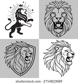 Conjunto de vetor de mascote de cabeça de leão. Rei Real, Poder e Emblema de Força para o logotipo da Equipe de Esporte, Branding Corporativo, ou Heraldic Shield Design.