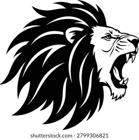 Roaring Lion Head Side Profile Fierce Mane Open Mouth Fangs Mascot Logo Black White Vector Illustration Isolated Background