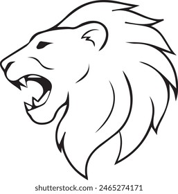 Roaring lion head side view line art.