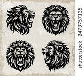 Roaring Lion Head silhouette, vector illustration set.