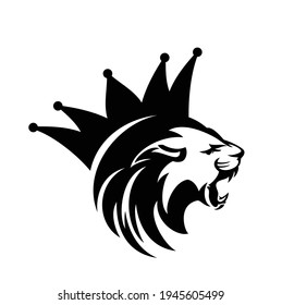 roaring lion head with stylized mane and royal crown - king animal black and white vector outline design