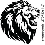 Roaring Lion Head Vector  Fierce Black and White Wild Animal Illustration, Bold Tribal Style Mascot Art