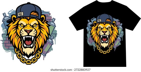Vector de cabeza de león rugiente en estilo streetwear de graffiti con gorra y cadena. Ideal para estampados de camisetas, carteles de ropa urbana, pegatinas y mercadería audaz para el hip hop y la moda juvenil.
