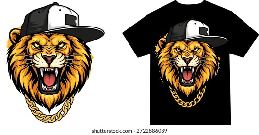 Ilustración vectorial de cabeza de león rugiente en estilo streetwear de hip hop con gorra y cadena. Perfecto para estampados de camisetas, carteles de ropa urbana, pegatinas de marca y mercadería audaz para la música de moda juvenil y la cultura callejera.