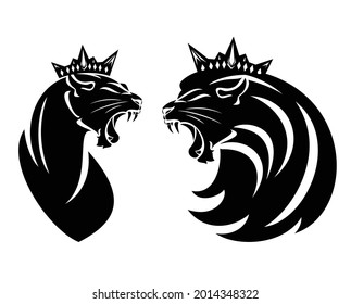 roaring lion and lioness with royal crown - king and queen leo head black and white vector design set