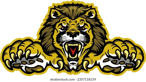 roaring lion mascot with claws for school, college or league sports