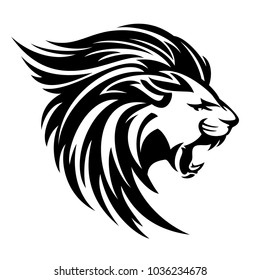 roaring lion profile portrait - side view animal head black and white vector design