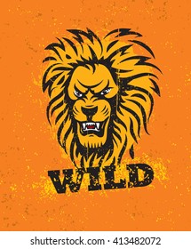 Roaring Lion Scary Fierce Face On Rusty Background. Wild Animal Head Vector Illustration.