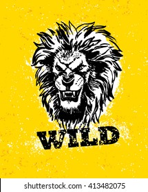 Roaring Lion Scary Fierce Face On Rusty Background. Wild Animal Head Vector Illustration.