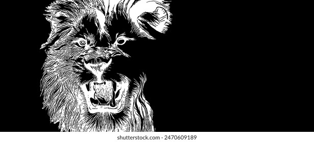 Un león rugiente con dientes afilados y una melena exuberante.  Diseño para logotipo, impresión de camiseta o tatuaje.  Estilo grabado.