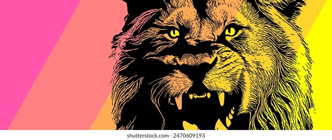 Un león rugiente con dientes afilados y una melena exuberante.  Diseño para logotipo, impresión de camiseta o tatuaje.  Estilo grabado.