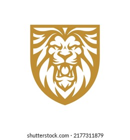 El diseño del logo del emblema del león y el escudo ruidosos. Ilustración vectorial de la cabeza de león