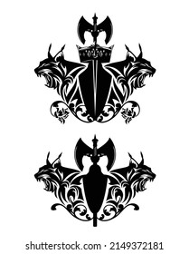 roaring lynx heads with heraldic shield, scandinavian battle axe, rose flowers and royal crown - fantasy coat of arms black and white vector silhouette design