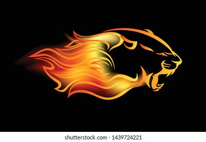 roaring mountain lion head with fire flames - attacking wild animal vector design