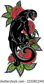 Roaring panther climbing up and blooming roses. Angry black leopard. Tattoo style vector illustration isolated on white