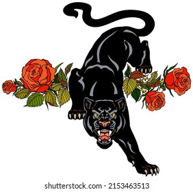 La pantera ruidosa baja y mira directamente hacia adelante. El leopardo negro agresivo y las rosas rojas florecientes. Vista frontal. Ilustración vectorial de estilo Tatto