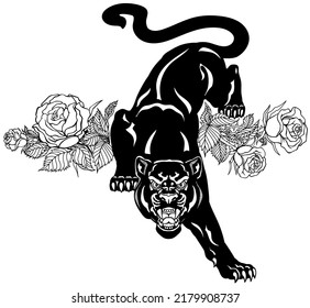 La pantera ruidosa baja y mira directamente hacia adelante. El leopardo negro agresivo y las rosas rojas florecientes. Vista frontal. Ilustración vectorial de estilo tatuado en blanco y negro