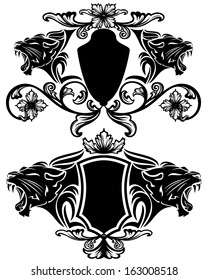 roaring panther detailed heraldic emblems - black animal heads and fine decorative shields