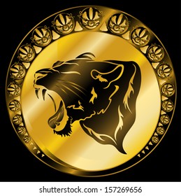 roaring panther golden black medallion - vector illustration