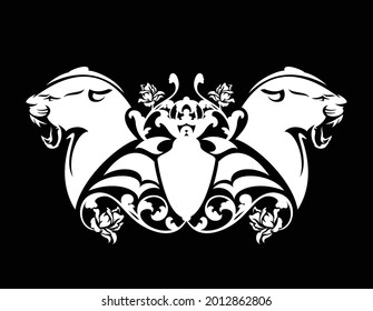 roaring panther head and heraldic shield among rose flower decor - black and white vector vintage style coat of arms design