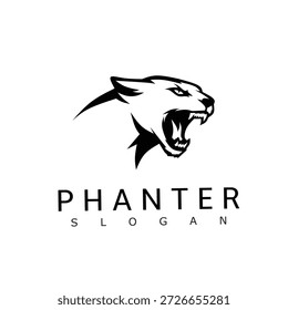 Logotipo da cabeça da pantera rugindo na silhueta preta ousada, afiada e agressiva, representando a força, a dominância, a coragem, e a intensidade, ideal para equipes esportivas, branding, ou design de mascote