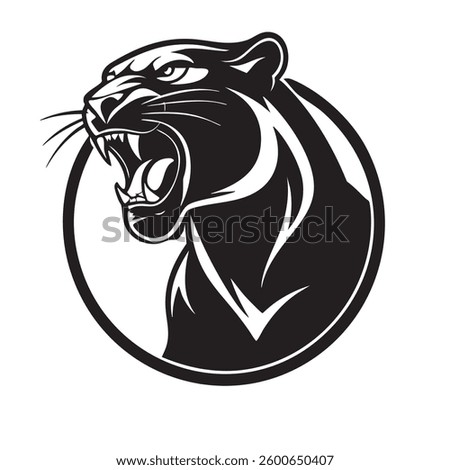 Roaring panther head, stylized black and white image, surrounded by circle. Aggressive, fierce, and bold design