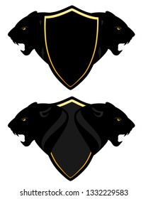 roaring panther heads and black and gold heraldic shield - security coat of arms vector design