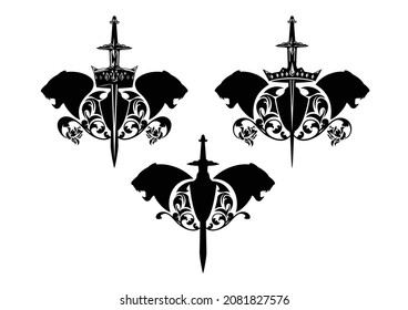 roaring panther heads with heraldic shield, sword, king crown and rose floral decor - royal coat of arms black and white vector design set