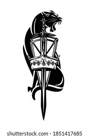 roaring panther with heraldic shield, crown and sword - royal coat of arms black and white vector design