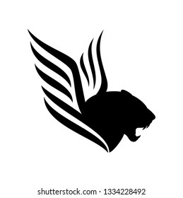 roaring panther profile head - furious big cat with wings black and white vector design