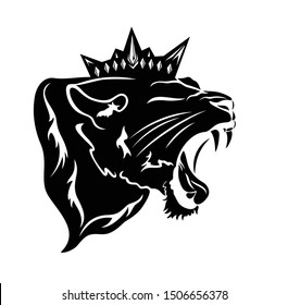 roaring  panther wearing royal crown - furious lioness black and white vector head portrait