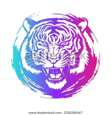 Нead of a roaring purple pink blue gradient tiger. Vector image on white background.

