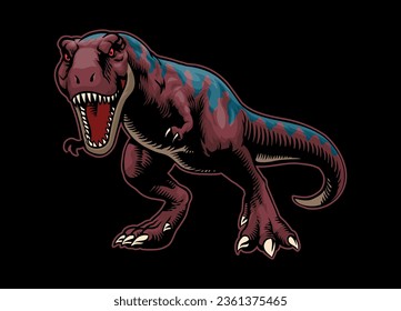 Roaring Red T-Rex With Blue Stripe Illustration in Vintage Style