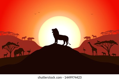 Roaring silhouette of a lion standing on a hill. Set of african animals. Vector illustration of a sunset.