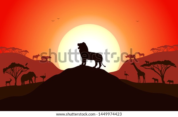 Roaring silhouette of a lion king standing on a hill. Set of African animals. Vector illustration of a sunset.