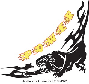 Roaring tiger black silhouette on white background. Texting Power. Yellow fire lettering. Decals for car, motorcycle, boats, racing vehicle. All elements are editable and isolated. Vector illustration