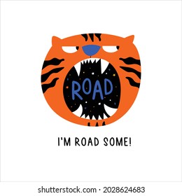 Roaring of Tiger or cat. Open mouth. Hand drawn trendy vector illustration with Animal growl. Comic, cartoon quirky style. Trendy design. Funny character. Modern Tattoo idea. Sticker style