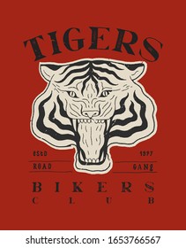Roaring tiger face typography print. Tigers biker club t-shirt print design.