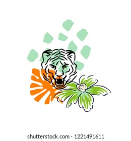 Roaring tiger hand drawn style t-shirt print design vector. Wild cat head design with palm leaves and spots for tee print.