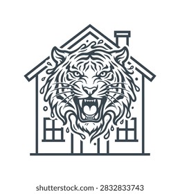 Roaring tiger head mascot integrated with house icon.