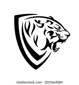 Roaring Tiger Head In Simple Heraldic Shield - Black And White Vector Design For Security Concept Coat Of Arms