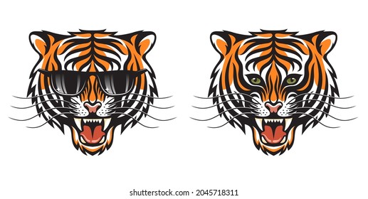 Cabeza de tigre ruidosa estilizada como emblema o logotipo. Tigres con gafas de sol. Ilustración vectorial.
