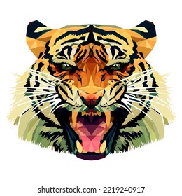 Roaring tiger head, stylized lowpoly color graphics.