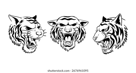 Ilustração do vetor da cabeça do tigre rugido. Vistas frontais e laterais, Wild Tiger Head Tattoo Style Vetor. Design em preto-e-branco