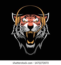 roaring tiger head wearing headphone for e sport, gaming logo template